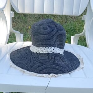 D&Y Black Hat with White Lace Trim